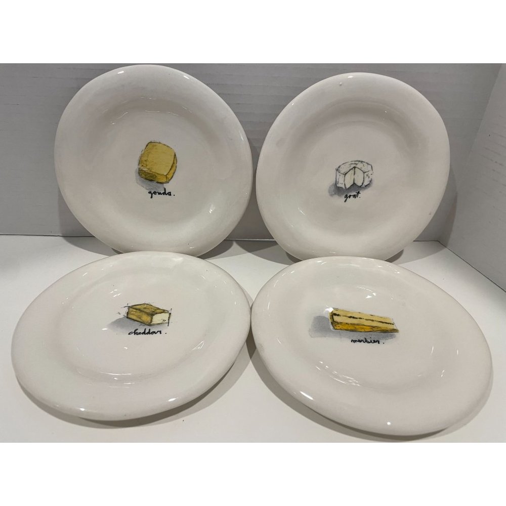 Rae Dunn Cheese Appetizer Plates Round Set of 4 Gouda, Cheddar, Morbier, Goat